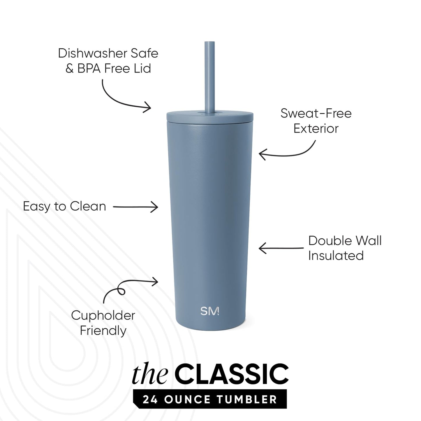Simple Modern Classic Tumbler with Straw Lid | Insulated Iced Coffee Cup Reusable Stainless Steel Water Bottle Travel Mug | Gifts for Women Men Her Him | 24oz | Blue Dune