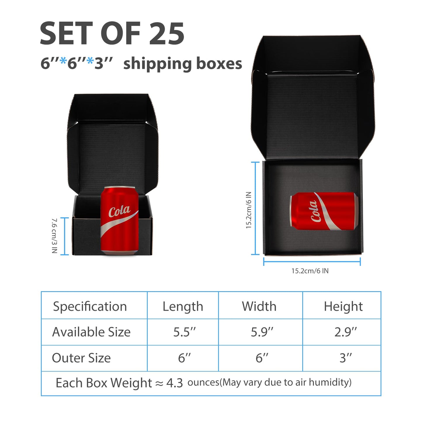 DUZCLI Black Corrugated Shipping Boxes 6x6x3 Inches, 25 Pack