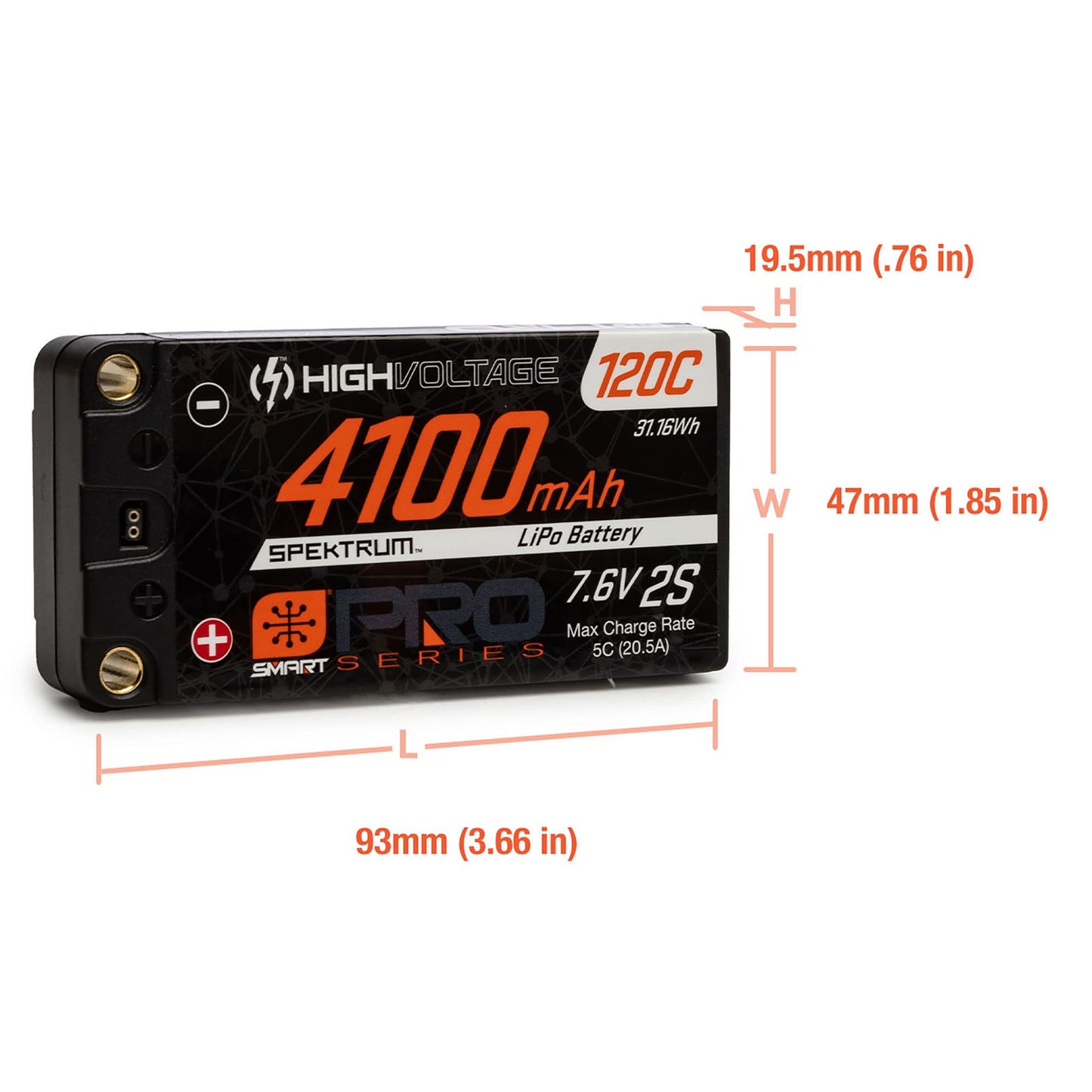 Spektrum 7.6V 4100mAh 2S 120C Smart Pro Race Shorty Hardcase LiHV Battery: Tubes, 5mm, SPMX412S120HT