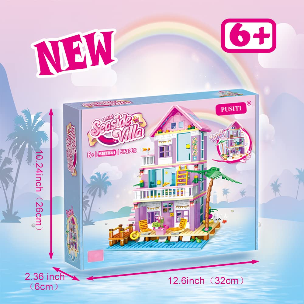 PUSITI Seaside Villa Building Set 573 Pieces Toys for Girls Building Blocks House Toys Beach Villa Construction Toys Holiday Cottage Bricks Toys for Girls Age 6+