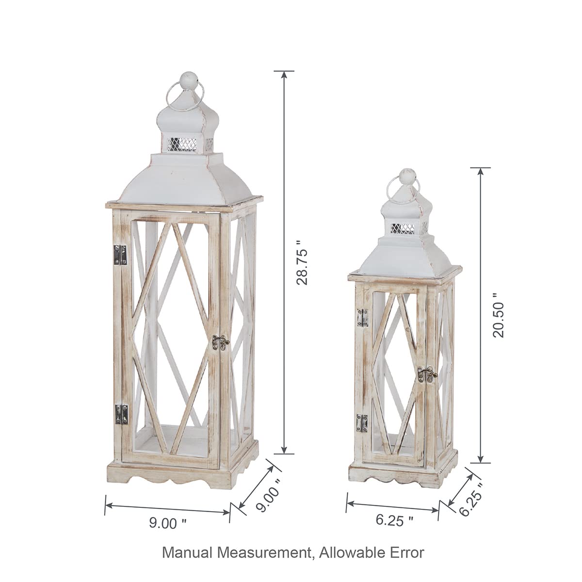 Glitzhome Large Farmhouse Wooden Metal Lantern Set of 2, 28.74" H/20.47" H Rustic Decorative Floor Candle Lanterns, Distressed Hanging Lanterns for Home Décor White (No Glass)