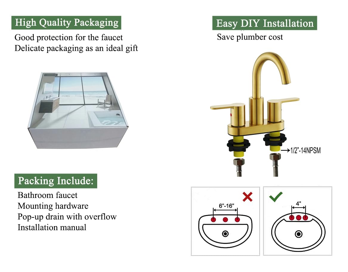 TimeArrow Brushed Gold 2 Handle Centerset Bathroom Sink Faucet with Drain Assembly, High Arc Modern 4 Inch Bathroom Vanity Lavatory Faucet 3 Holes with Brass 360° Swivel Spout, TAF067E-PB