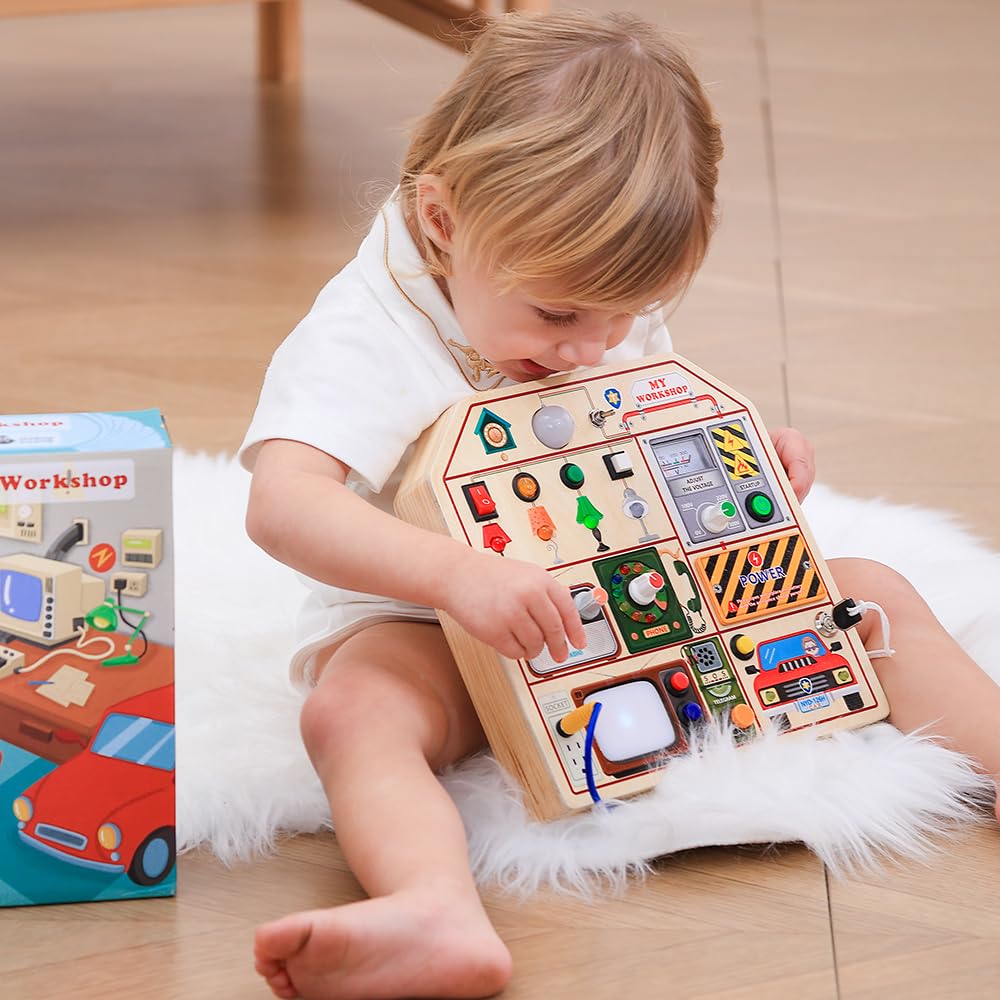 Montessori Wooden Busy Board for Toddlers 1 2 3 Years Old, Wooden Sensory Toddler Toys with LED Light Switches, TV Radio Telegram and Car Driving, Travel Toys Birthday for Boys Girls