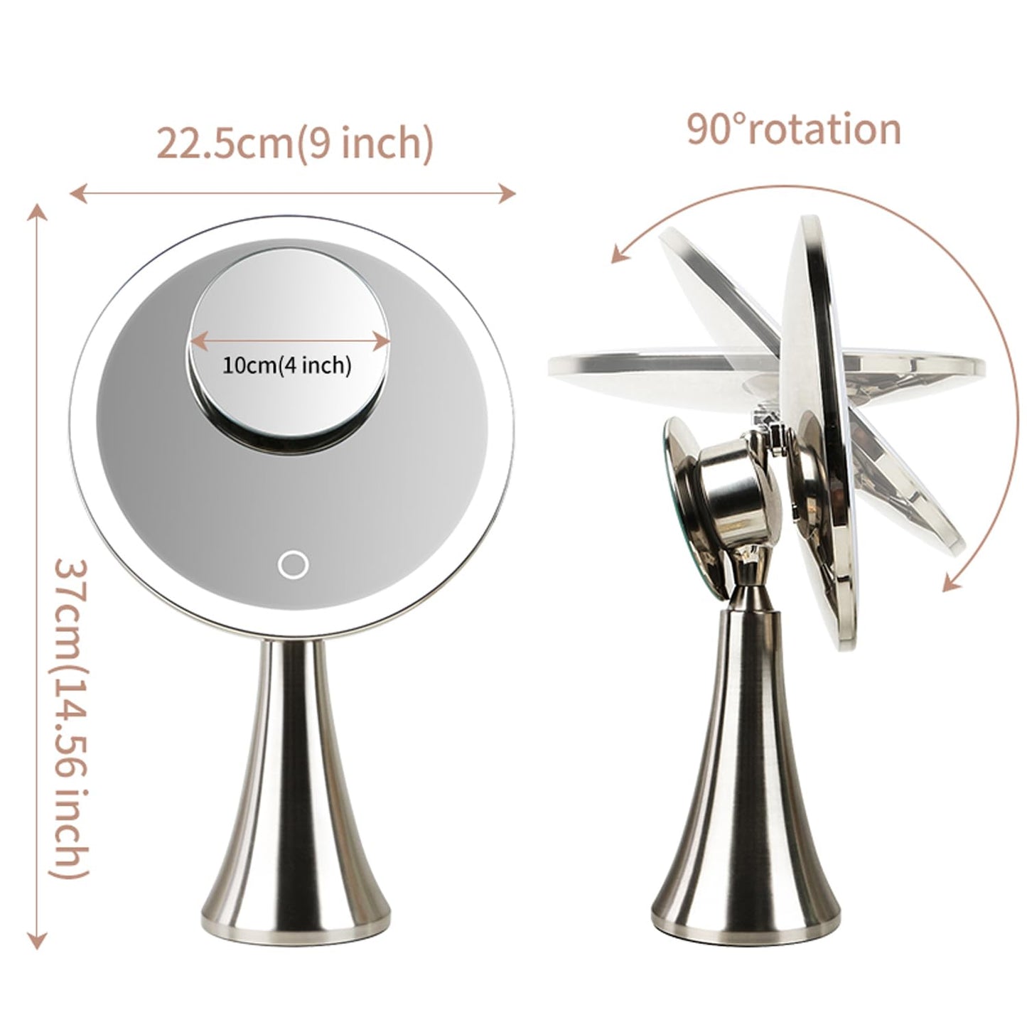 9inch Lighted Round Makeup Vanity Mirror, 5X/10X Dual Magnification with Ultra Bright LED Lights Beauty Mirror, Rechargeable, Cordless, Touch Control Adjustable Brightness, Brushed Stainless Steel