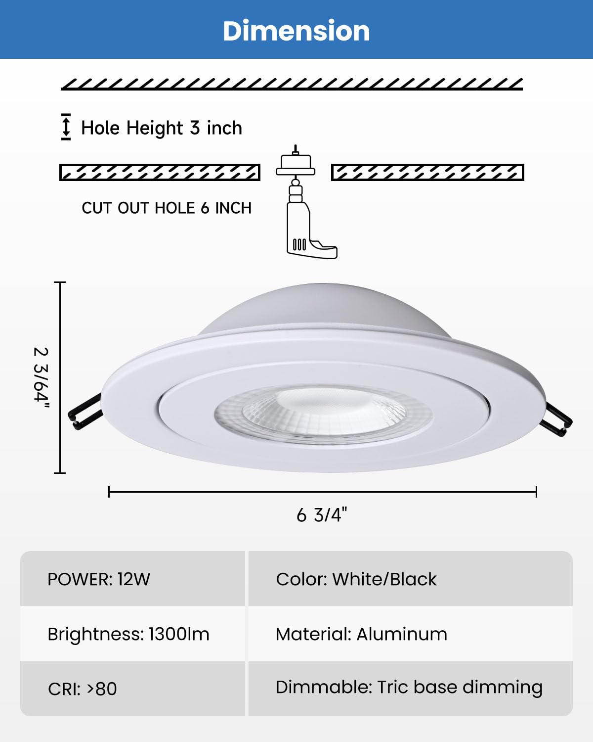 POPANU 6-Inch Gimbal Recessed Light - 12W 90° Tilt & 360° Rotation, 5CCT (2700K-5000K), IC Rated LED Eyeball Recessed Lighting, for Sloped Ceilings, Soffit Light, Hallyway，Kitchens, White 6 Pack
