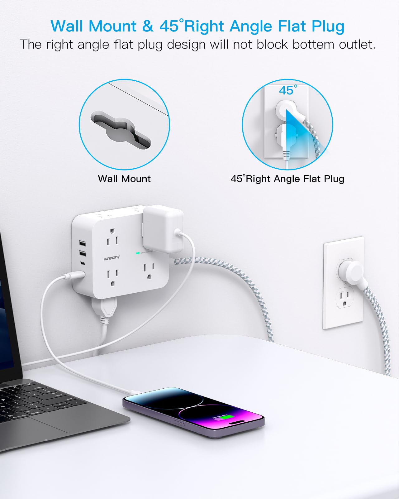 Surge Protector Power Strip 15 Ft Long Cord, Extension Cord 15 Feet with 8 Outlets 4 USB Ports(2 USB C), Flat Plug, Desk Charging Station for Home Office College Dorm Room Essentials