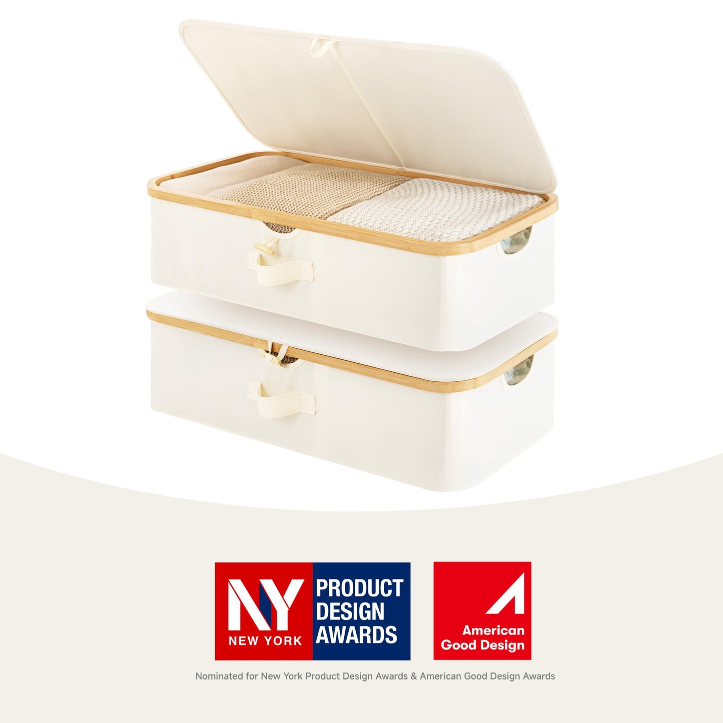 StorageWorks Underbed Storage Containers with Lids, 2-Pack 7" Low Profile Under Bed Storage Box with Bamboo Frame for Clothes, Bedding, Blankets and Shoes, 42L Sturdy Fabric Organizer, Beige