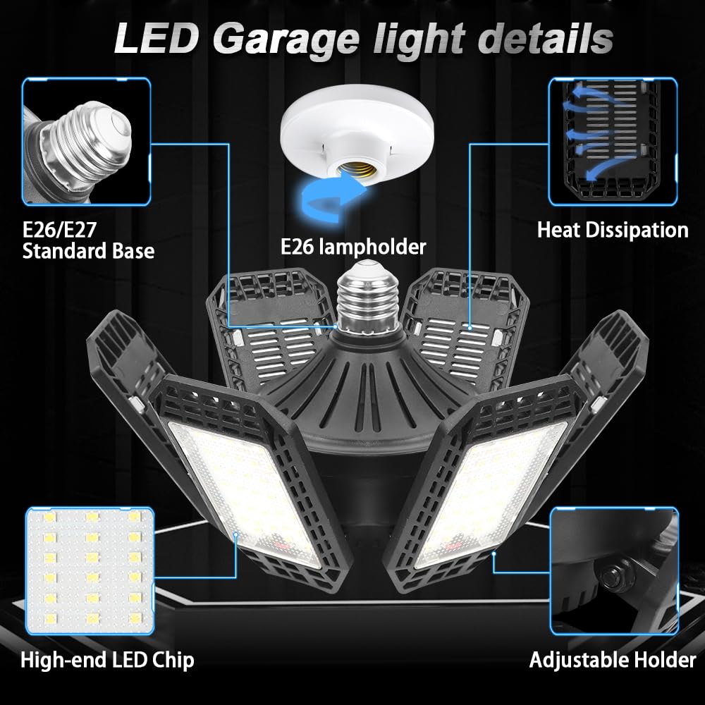 4 Pack LED Garage Light, 200W 20000LM 6500K LED Shop Lights, Garage Lights Ceiling Led with 6+1 Deformable Panels, Screw in E26/E27 Socket Bulb for Warehouse, Workshop, Basement, Barn Lighting
