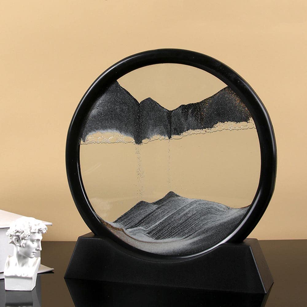 Arthink Moving Sand Art Picture in Motion Round Glass 3D Deep Sea Landscape, Dynamic Sand Art Sandscapes, Sensory Relaxing Desktop Table Decor Desk Decor Art Desk (12 inch, Black)