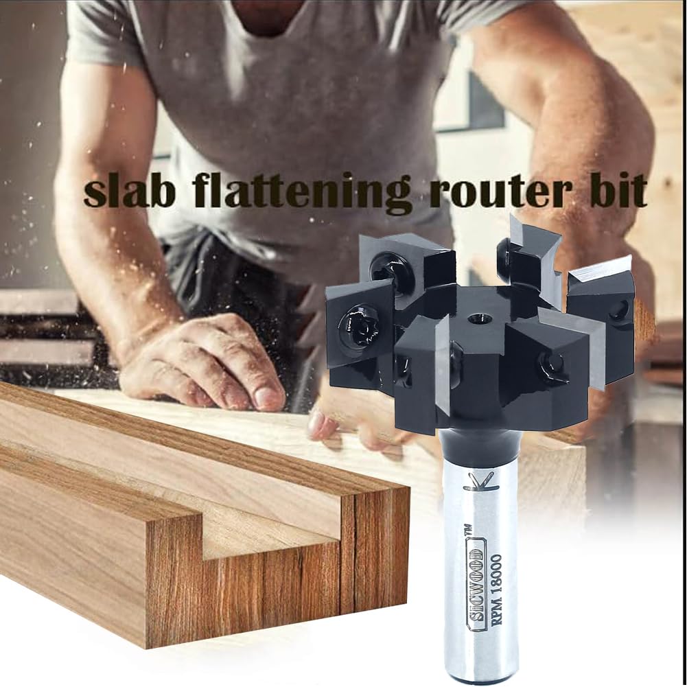 Slab Flattening Router Bit 1/2 Shank, 6-Wing, 2" Cutting Dia, Insert Carbide CNC Spoilboard Surfacing Router Bit, Wood Planer Planing Bit for Flycutter/ Slab Leveler/ Rabbeting by SICWOOD