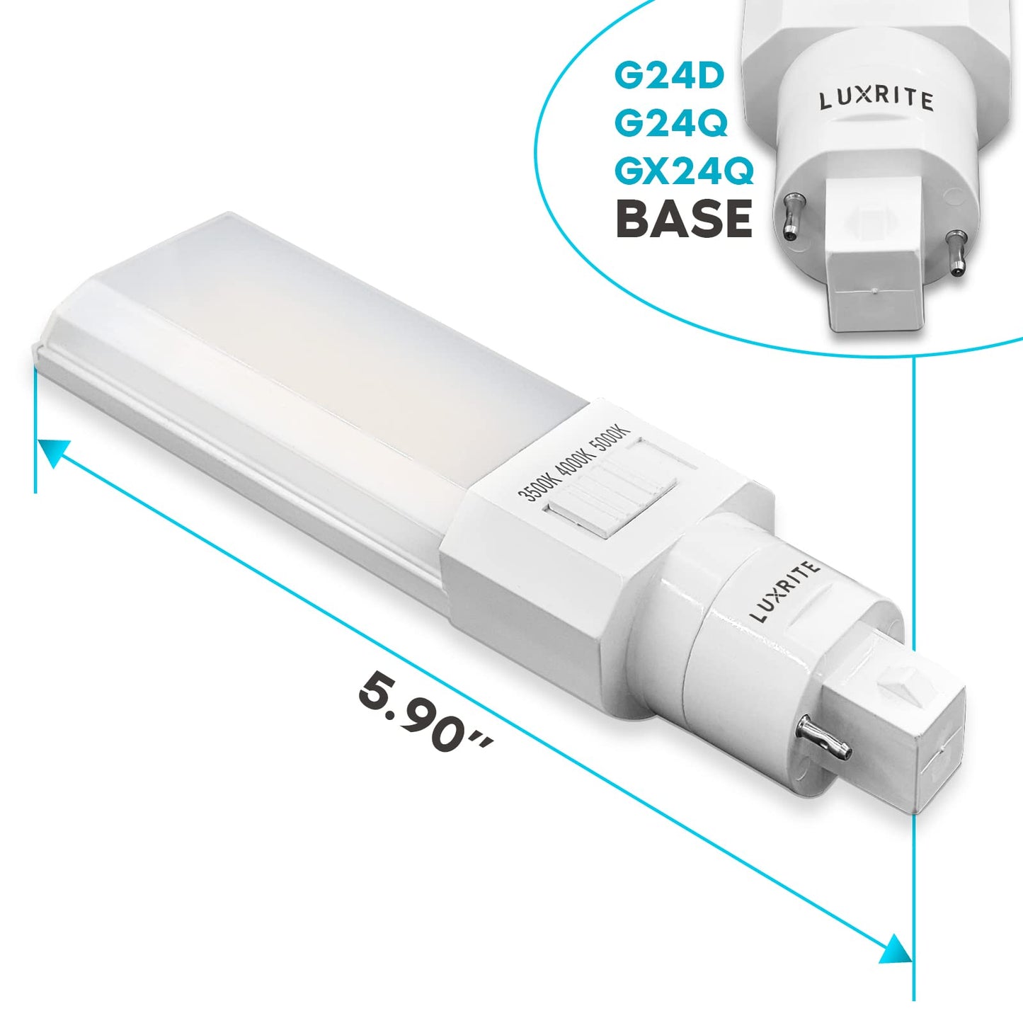 Luxrite Horizontal PL LED CFL Replacement, 11W, Ballast Bypass, Fits G24D G24Q GX24Q, 3 Color Selectable 3500K-5000K, 1450 Lumens, Rotatable, Replace 26W/32W/42W CFL 2 Pin and 4 Pin Base Bulb (4 Pack)