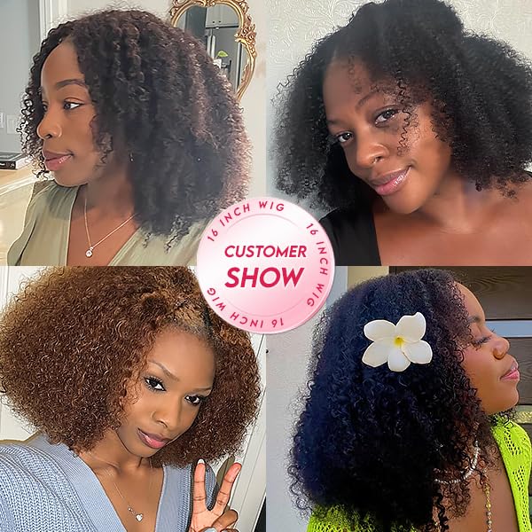 Kiqibeauty V Part Wig Human Hair For Black Women Upgrade U Part Wig Human Hair Kinky Curly Wig 100% Virgin Hair Glueless Wear and Go Wig Minimal Leave Out 200% Density (Kinky Curly, 16 Inch)