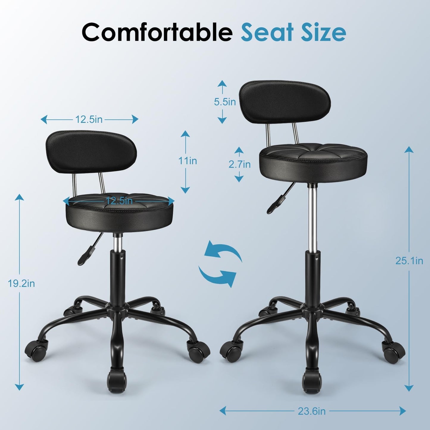 FNZIR PU Leather Rolling Stool with Back Support Height Adjustable Swivel Stool Chair with Wheels Drafting Chair for Spa Slaon Massage Stable Base Foot Black