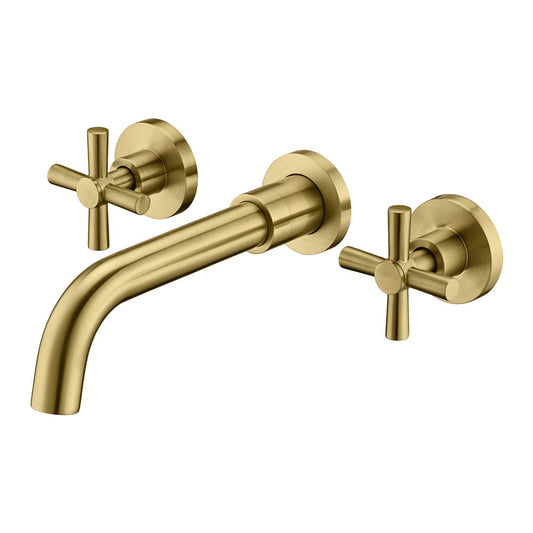 Brushed Brass Wall Mount Bathroom Faucet Two Cross Handles and Rough-in Valve Included,SUMERAIN