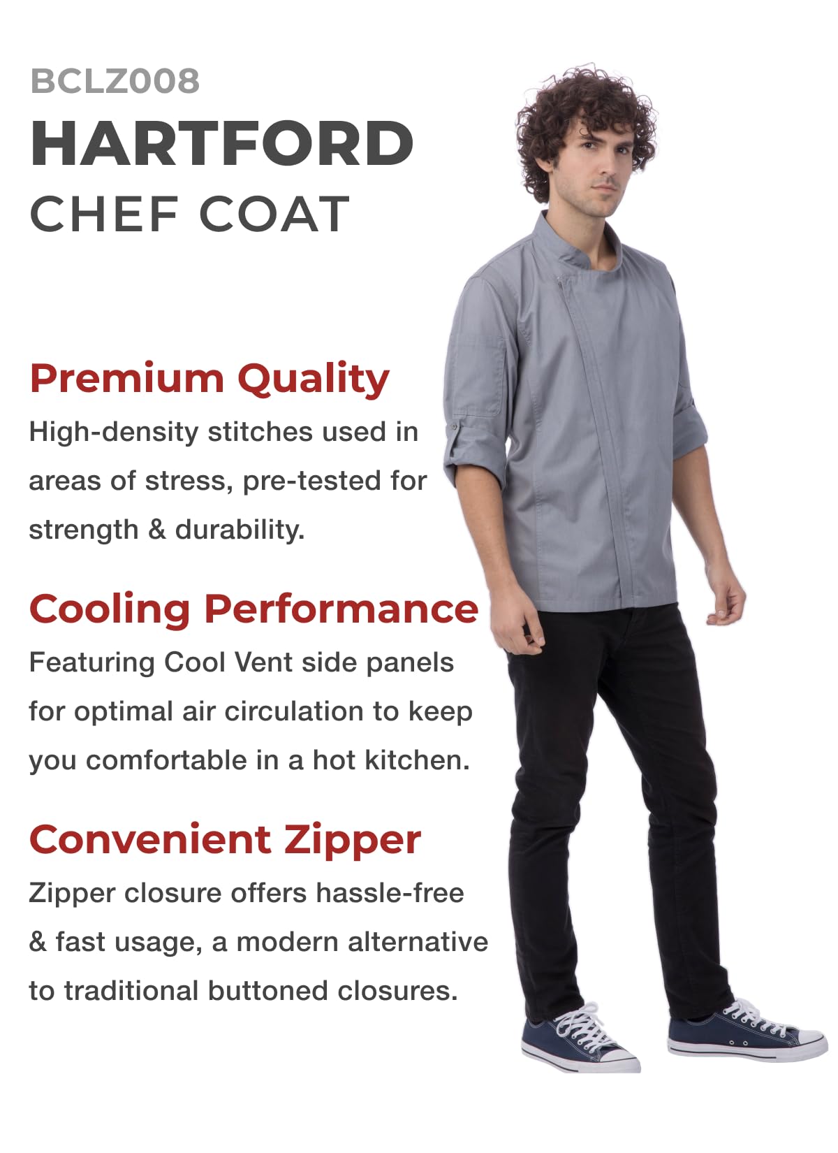 Chef Works Men's Hartford Chef Coat, Grey, X-Large