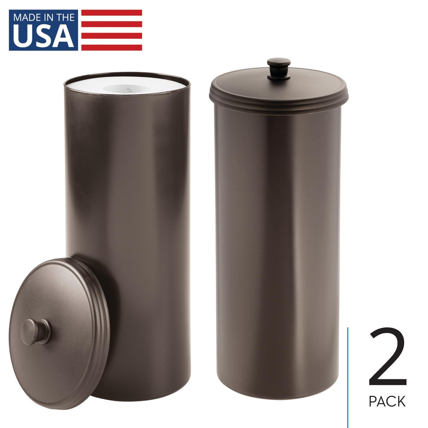 iDesign Freestanding Bathroom Toilet Paper Storage Holder with Lid for 3 Extra Rolls, 2-Pack, Bronze
