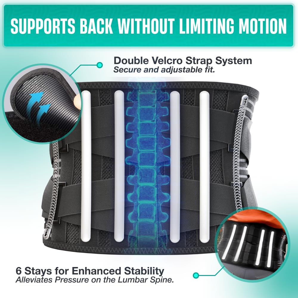 Modvel Back Braces for Lower Back Pain Relief with 6 Stays, Breathable Back Support Belt for Men/Women for work, Anti-skid lumbar support belt with 16-hole Mesh for sciatica (XL)