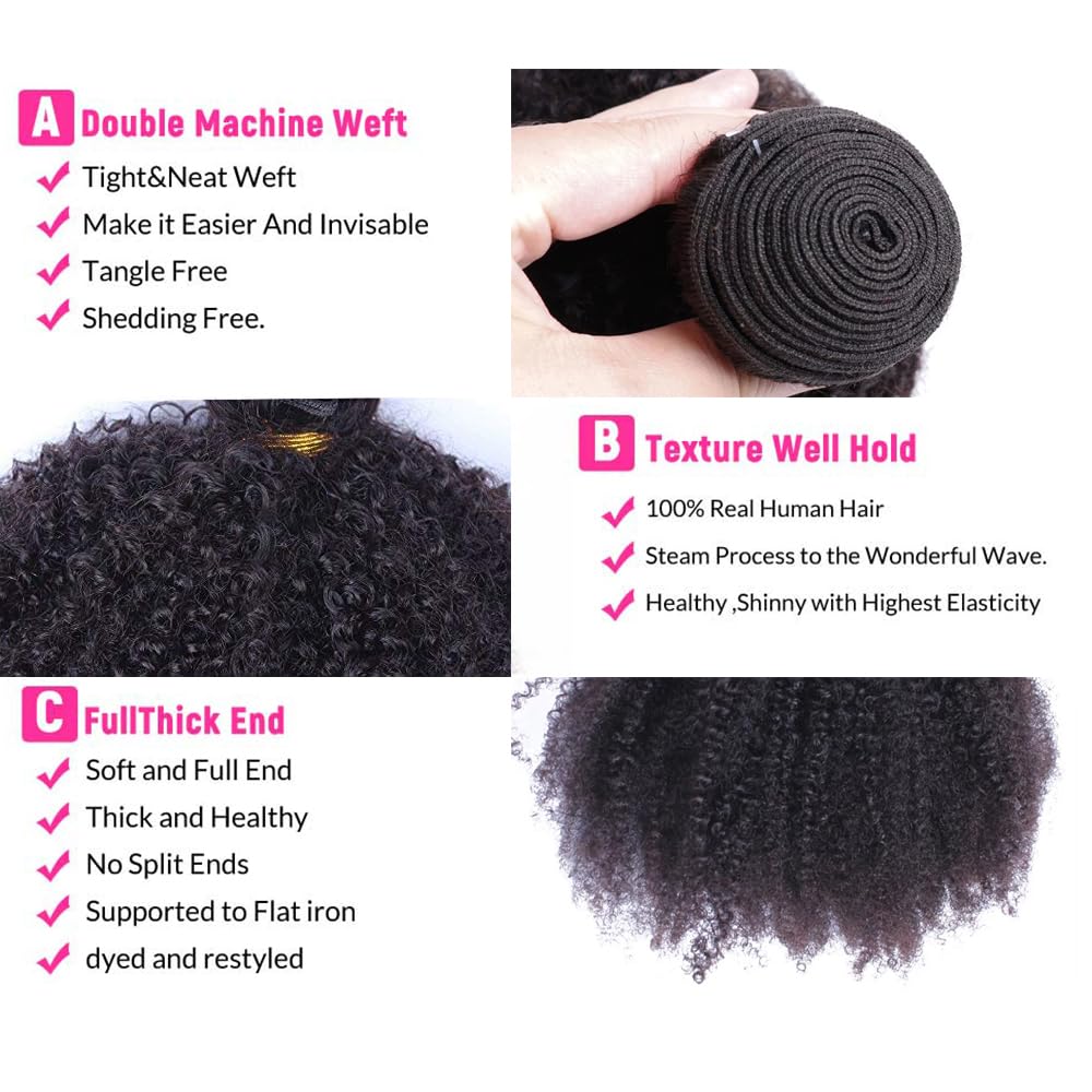 Mongolian Afro Kinky Curly Bundles Human Hair 10 12 14 Inch 4B 4C Afro Kinky Bulk Human Hair Unprocessed Virgin Hair Bundles for Women Natural Black