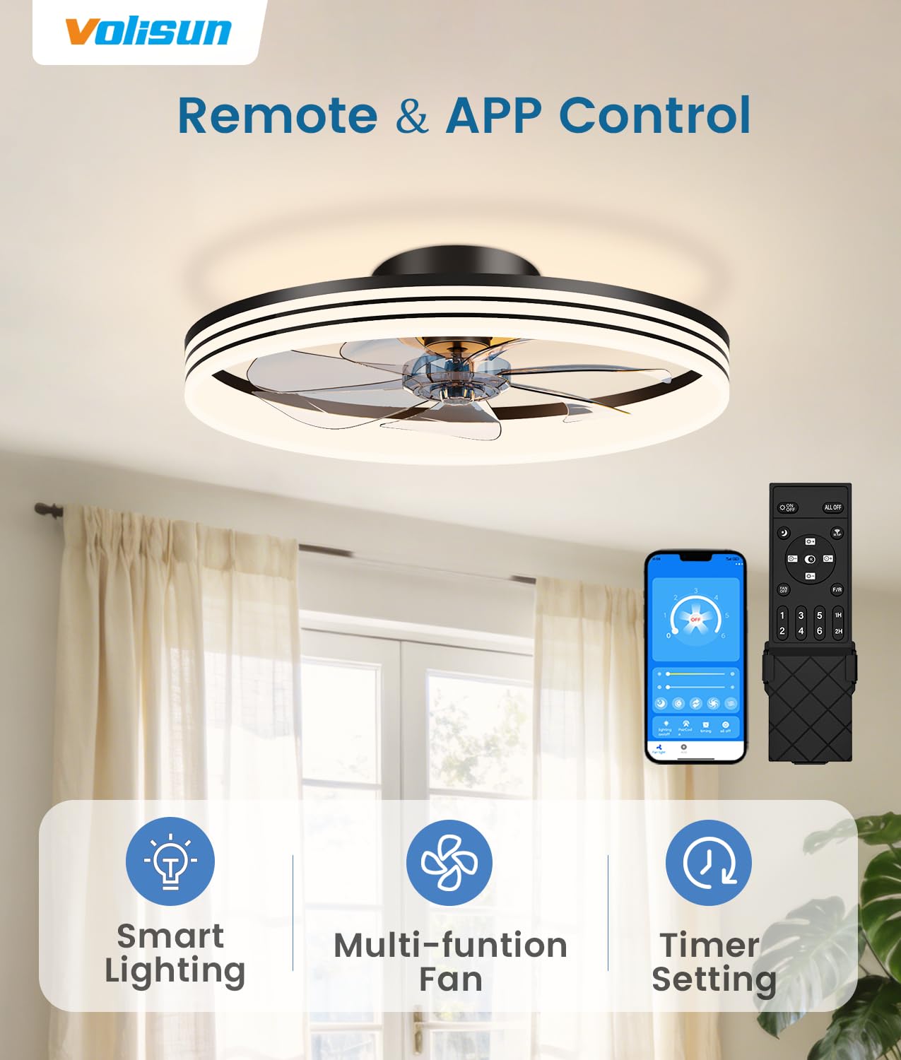 VOLISUN Low Profile Ceiling Fans with Lights and Remote, No Assembly, 20in Flush Mount Ceiling Fan with Light, 3000K-6500K Dimmable Fandelier LED Fan Light, White Bladeless Ceiling Fans for Bedroom