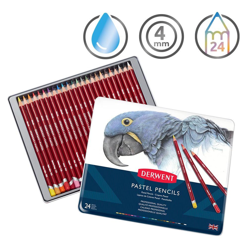 Derwent Pastel Pencils, 4mm Core, Metal Tin, 24 Count (32992)