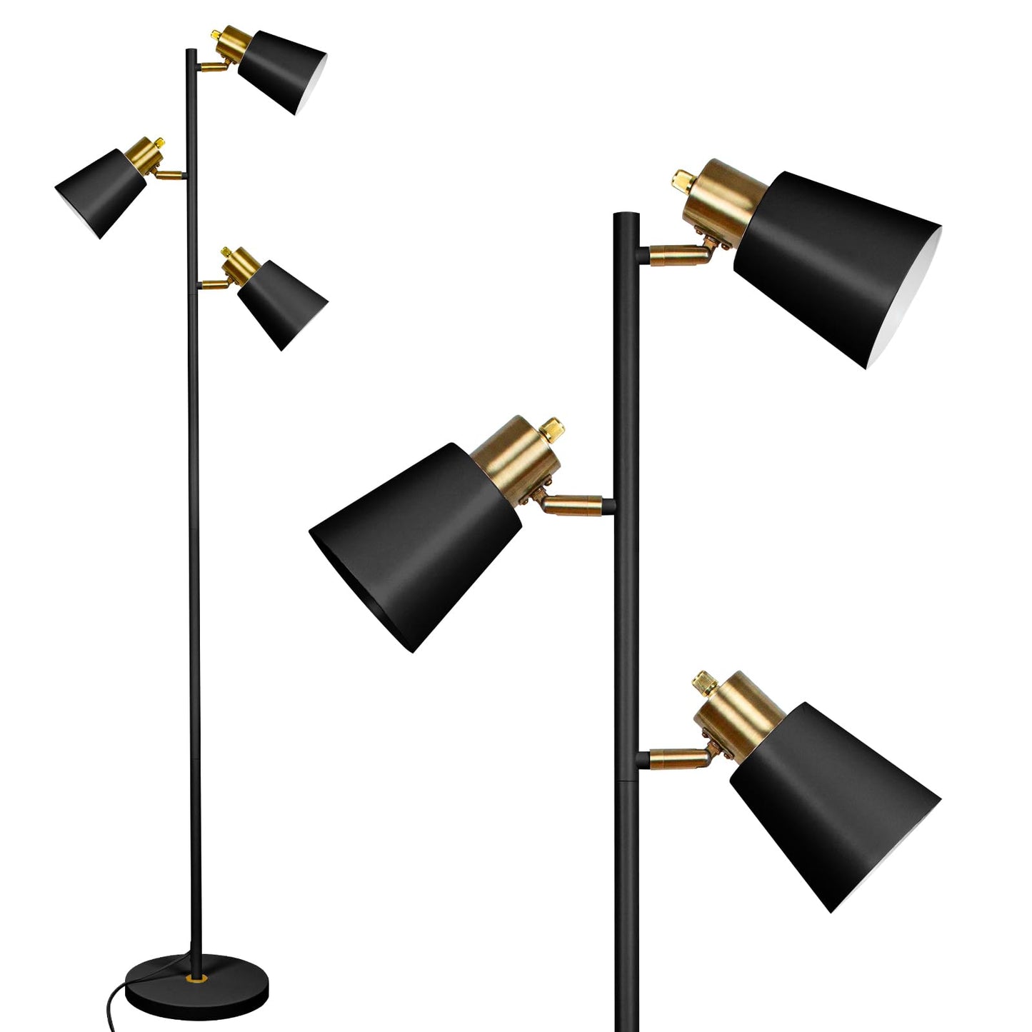 Tree Floor Lamp for Living Room, Industrial 3-Light Standing Lamp with 3 LED Bulbs, Adjustable Rotation Heads, Standing Tall Pole Lamp Farmhouse Rustic Reading Lamps for Bedroom Office (Black Gold)