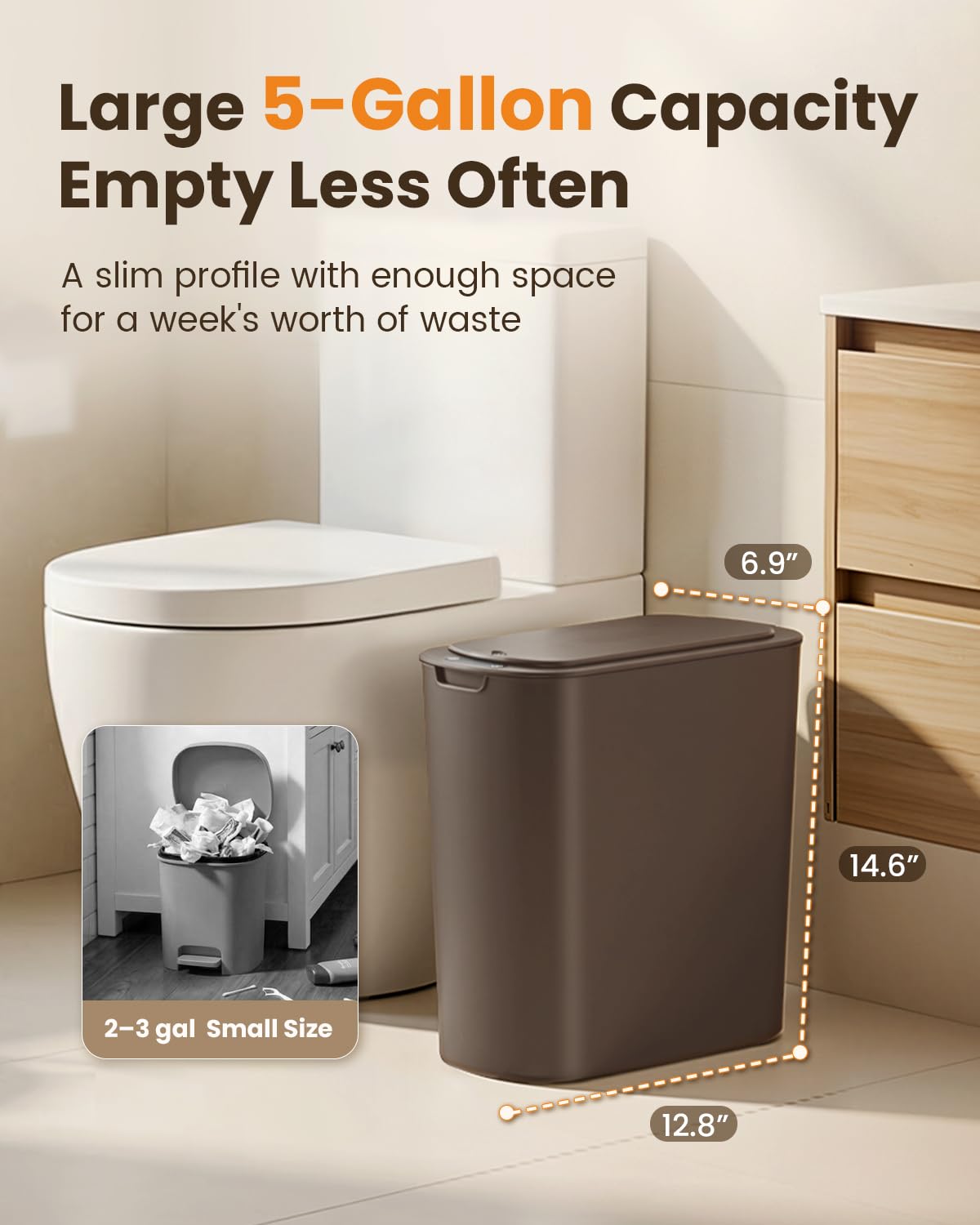 Cesun Bathroom Trash Can with Lid, 5 Gallon Motion Sensor Trash Can, Small Automatic Garbage Can, Touchless Smart Plastic Slim Wastebasket for Bedroom, Office, rv, Living Room, Brown