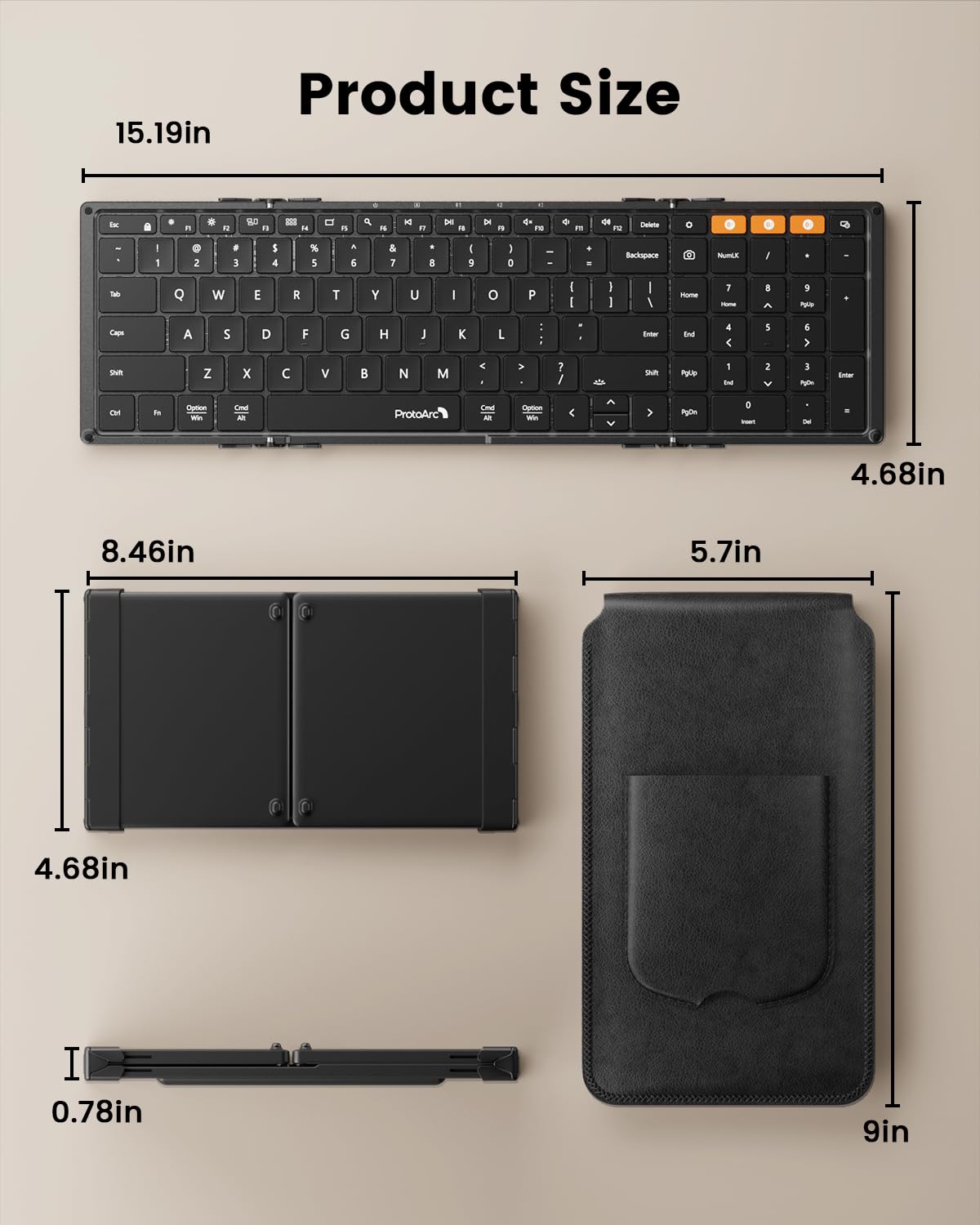 ProtoArc Backlit Foldable Keyboard, XK01 Plus Folding Portable Bluetooth Keyboard for Travel, True Full Size External Wireless Keyboard with Backlight for iPad Tablet Smartphone Laptop - Black