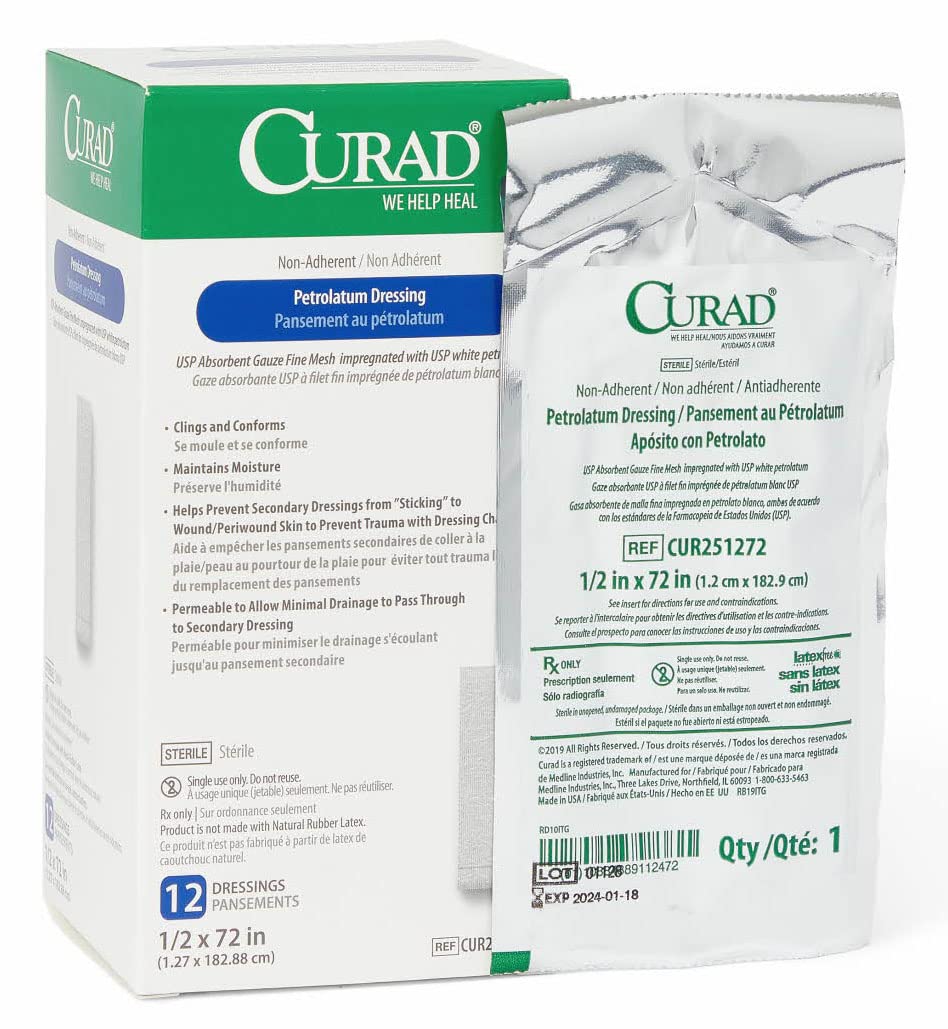 Medline CURAD Sterile Nonadherent Petrolatum Gauze Dressing, 1/2 Inch x 72 Inches, Ideal for Nondraining Wounds, Case of 72 Each