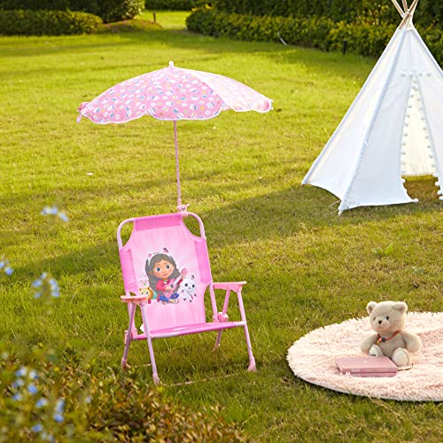 Idea Nuova Gabby’s Dollhouse Kids Folding Beach Chair with Umbrella, Outdoor Chair for Girls Ages 3+,Portable, Lightweight, UV Protection - Patio, Pool, Beach Travel Accessory