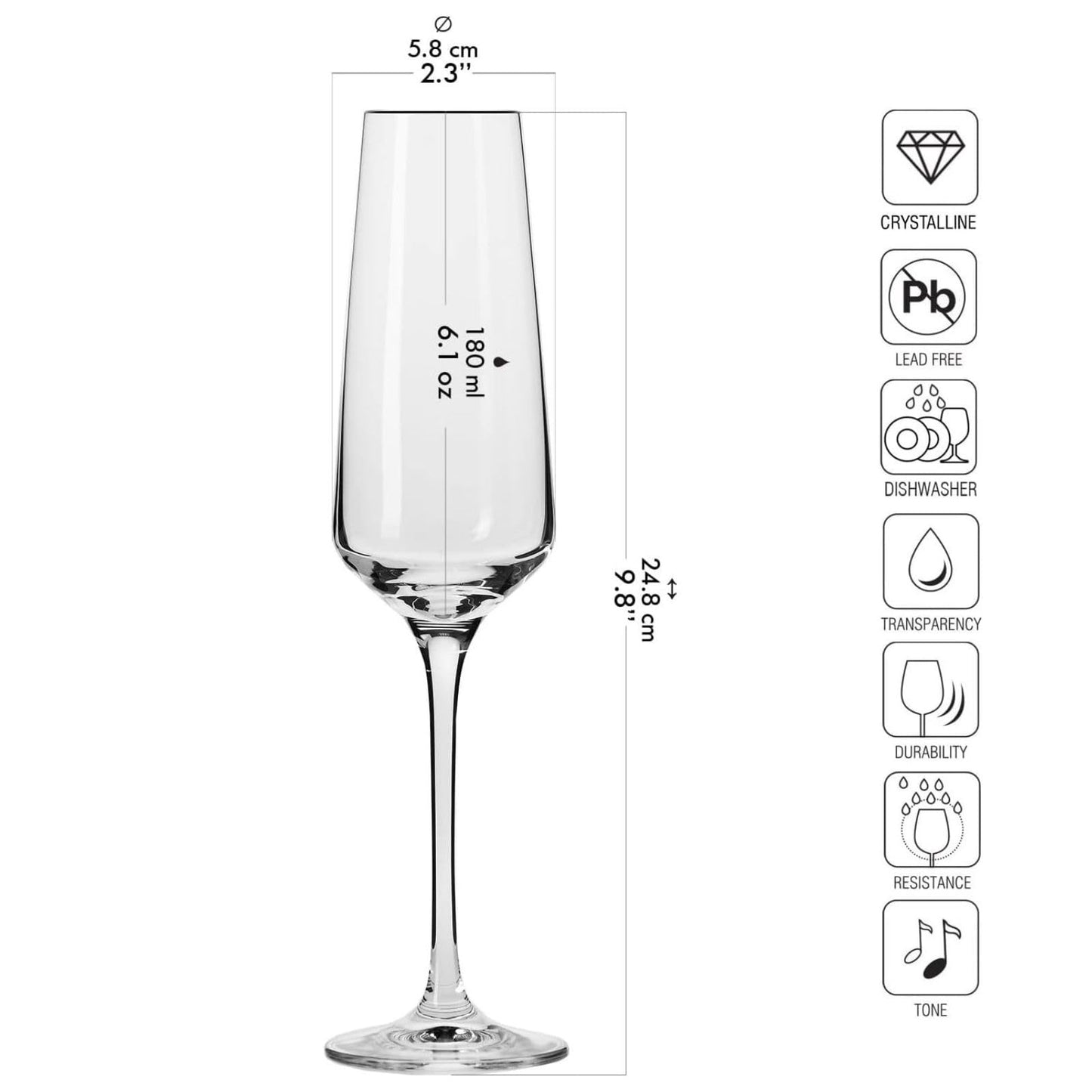 Krosno Crystal Champagne Flute Glasses, Set of 6, 6.1 oz, Avant-Garde Collection, Classic Shape for Timeless Style, Ideal for Mimosas, Prosecco, Sparkling Wine, Dishwasher Safe, Made in Europe