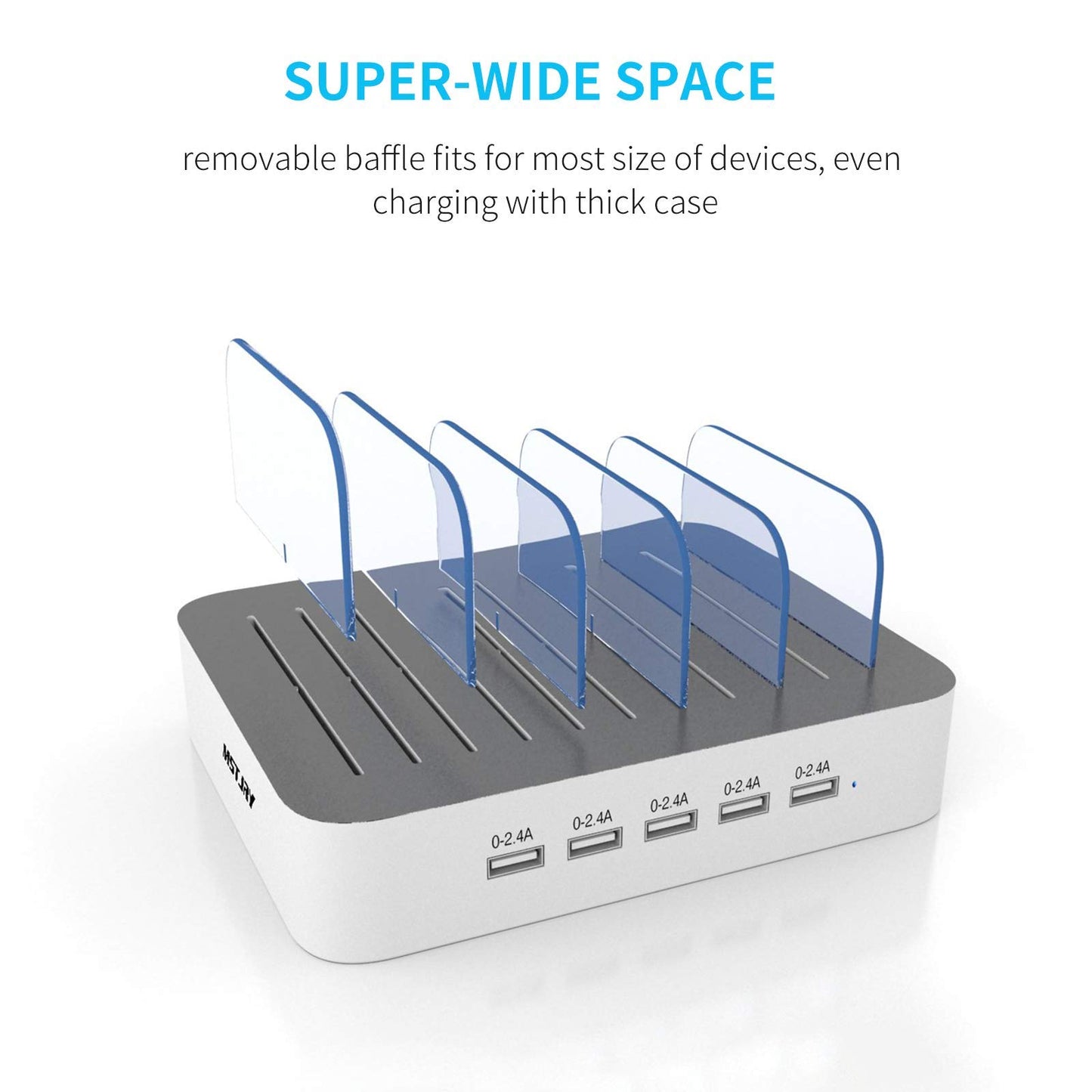 Charging Station for Multiple Devices, MSTJRY 5 Port Multi USB-A Charger Station with Power Switch Designed for iPhone iPad Cell Phone Tablets (White, 6 Mixed Short Cables Included)