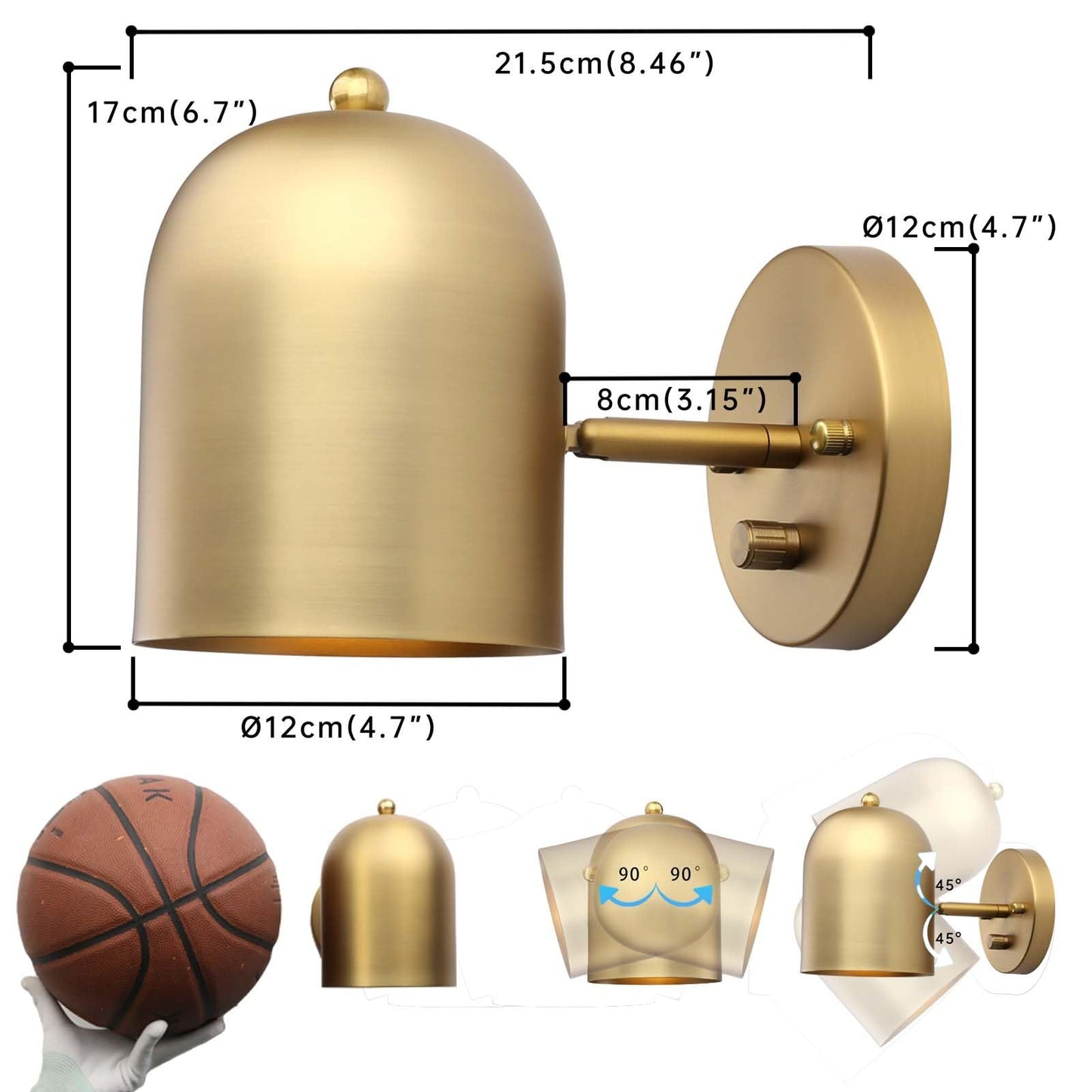 Pathson Set of 2 Hardwired Wall Sconce Dimmer Switch, Brass Finish Wall Light Lamp Adjustable Light Angle Wall Vanity Lighting, E26 Base Reading Lighting Decor for Bedroom Hallway Living Room