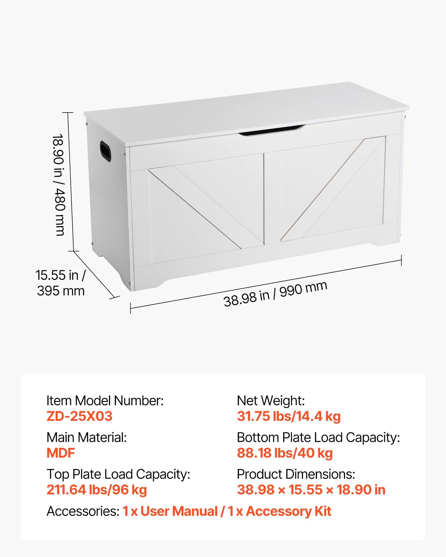 VEVOR Kids Storage Bench, Wooden Toy Box Chest, Large Storage Cabinet with Safety Hinge, Toddlers Storage Bench for Playroom, Living Room or Entryway, Easy Assembly, 38.98 x 15.55 x 18.9 in, White