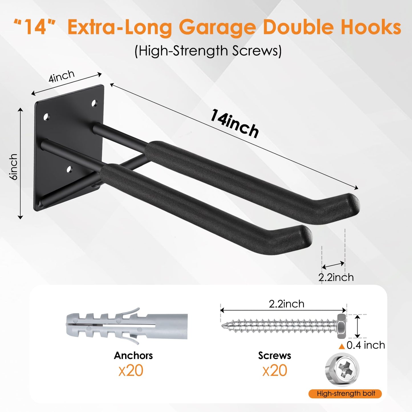 14" Garage Hooks Heavy Duty 8-Pack - Garage Storage System Hooks, Ladder Hooks for Garage Wall & Broom Holder Wall Mount | Non-Slip Tire Rack & Heavy Duty Wall Hooks for Hanging Ladders, Chairs.