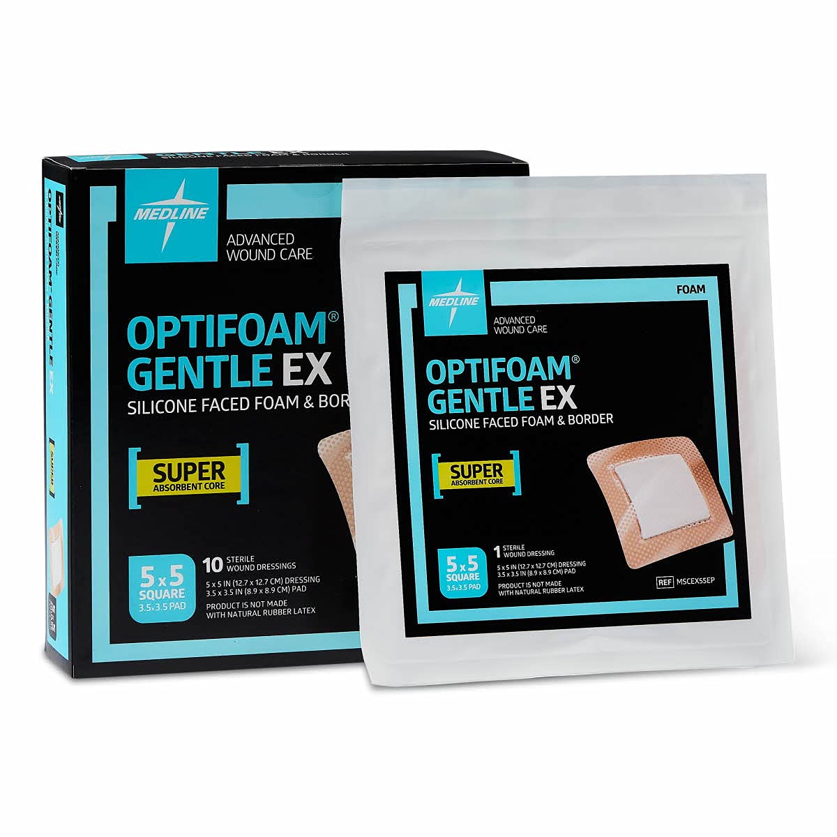 Medline Optifoam Gentle EX Bordered Foam Adhesive Dressing, 5" x 5" Square (10 Count)