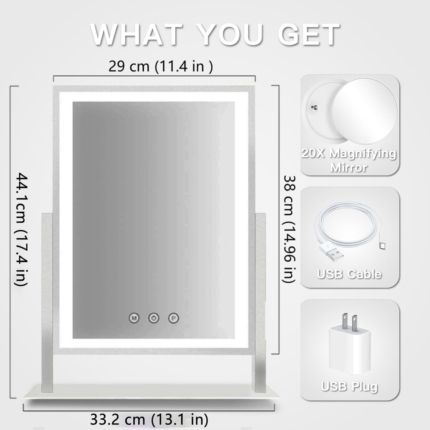 HIEEY Lighted Makeup Mirror, Hollywood Vanity Mirror with Lights, Three Color Lighting Modes, with 4in 20X Magnification Mirror, Smart Touch Control, 360°Rotation (17.4in,White,Gift Box)