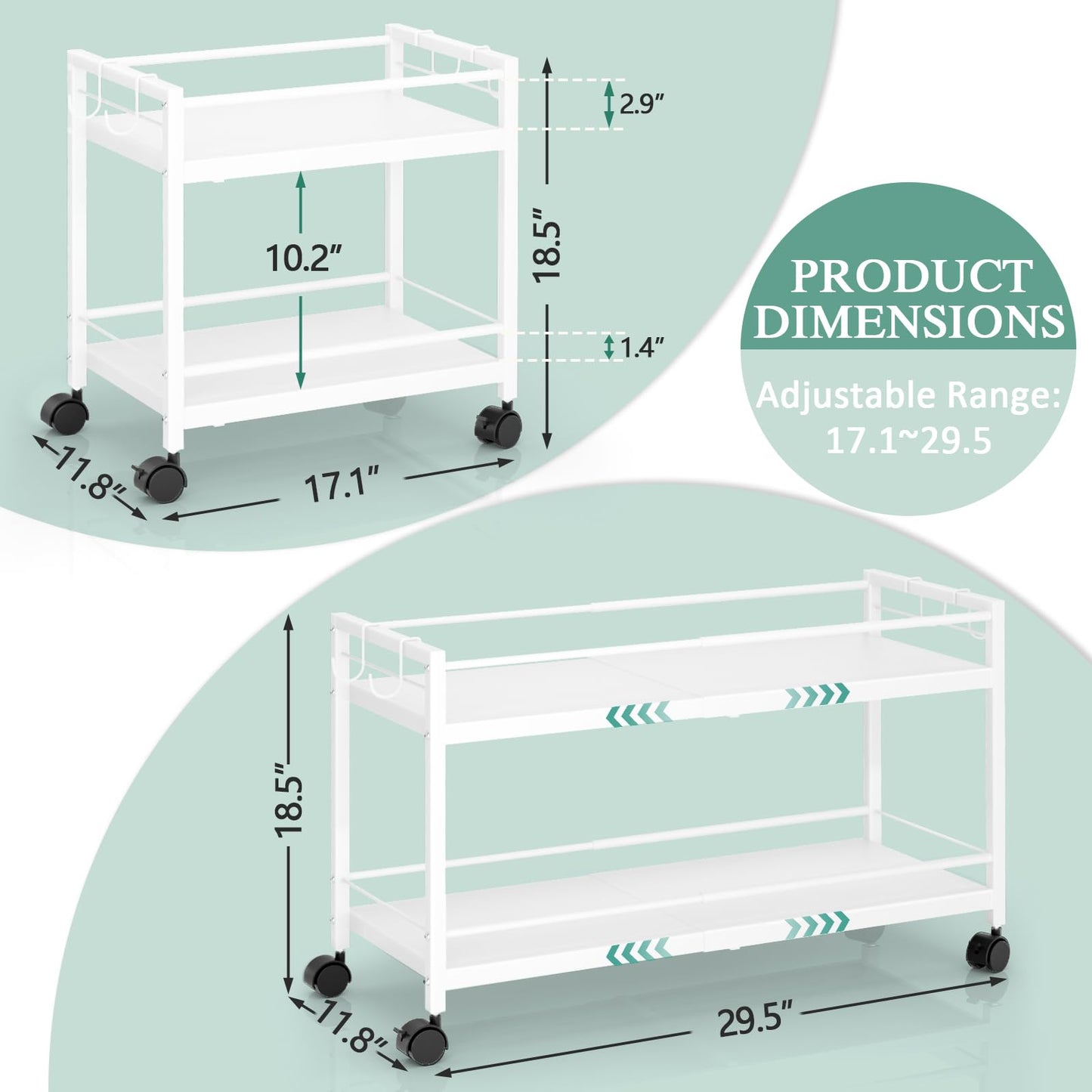 2-Tier Expandable Rolling Pantry Cart with Wheels, Adjustable Floor Organizer for Kitchen Pantry, Can Organizer for Pantry, Storage Cart for Snack, Food, Vegetables, White, Patent Pending