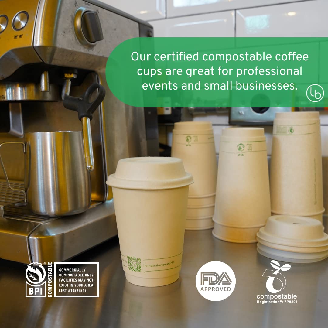 Certified Compostable Coffee Cups by Living Balance | 12oz - 100 cups with Compostable Lids, Stirrers, and Integrated Sleeves