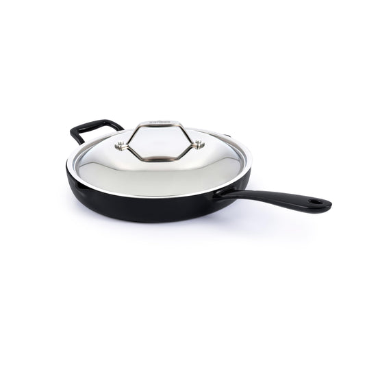 All-Clad Cast Iron Skillet - 12” Enameled Cast Iron Pan with Lid, Enamel Coating, Grill, Oven Safe up to 650°F & Compatible with All Stovetops (Gas, Electric & Induction), Easy-Clean Frying Pan, Black