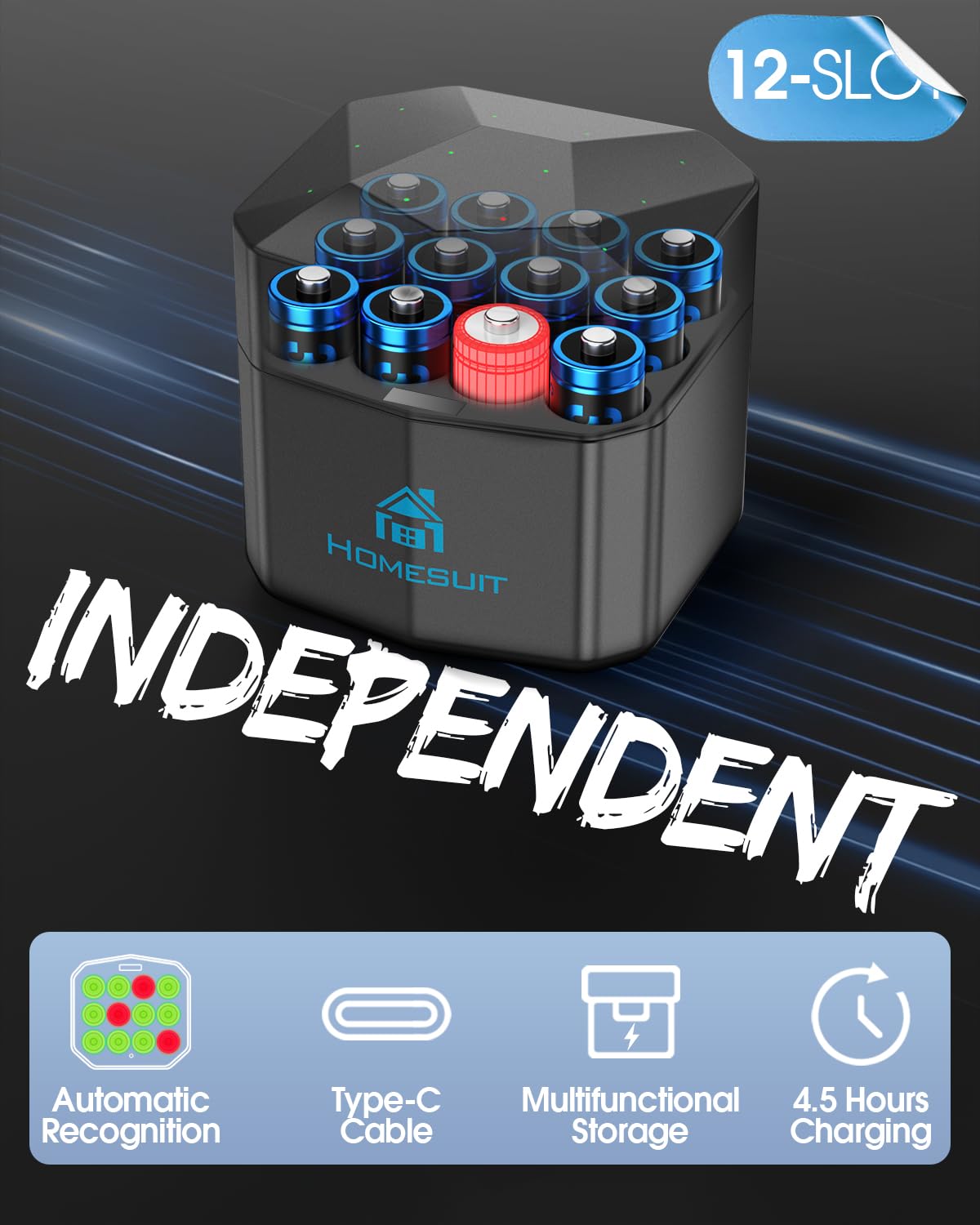 Homesuit Rechargeable Lithium AA Batteries with Charger 12 Bay, 1.5 Volt High Power 3600mWh Lithium Batteries AA Rechargeable, Li-ion Double A Battery 12 Pack Recharge up to 2000+ Cycles, Blue