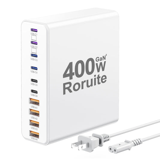 400W Charging Station for Multiple Devices, 10-Port GaN USB C Charger Block, Dual 65W Laptop Fast Charger Multiport USB Charging Station for MacBook, iPhone, Samsung, Galaxy, iPad, Android, White