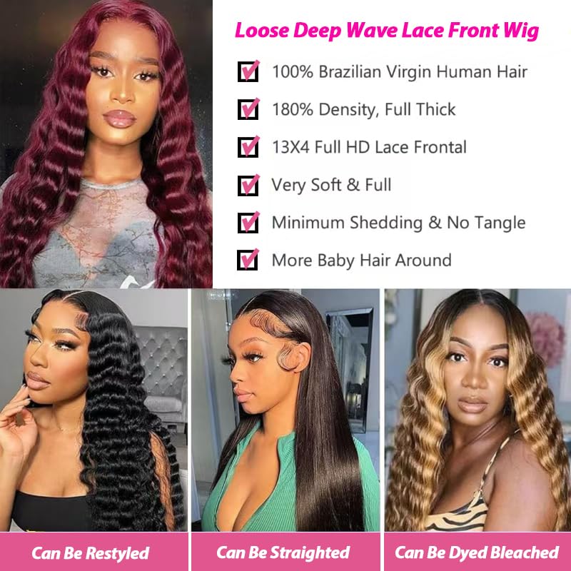 OLFORY Burgundy Lace Front Wigs Human Hair Wigs for Black Women 13x4 HD Transparent Lace Frontal Wigs Pre Plucked 200% Density 99j Loose Deep Wave Wigs Red Wine Brazilian Virgin Glueless Wig 24 Inch