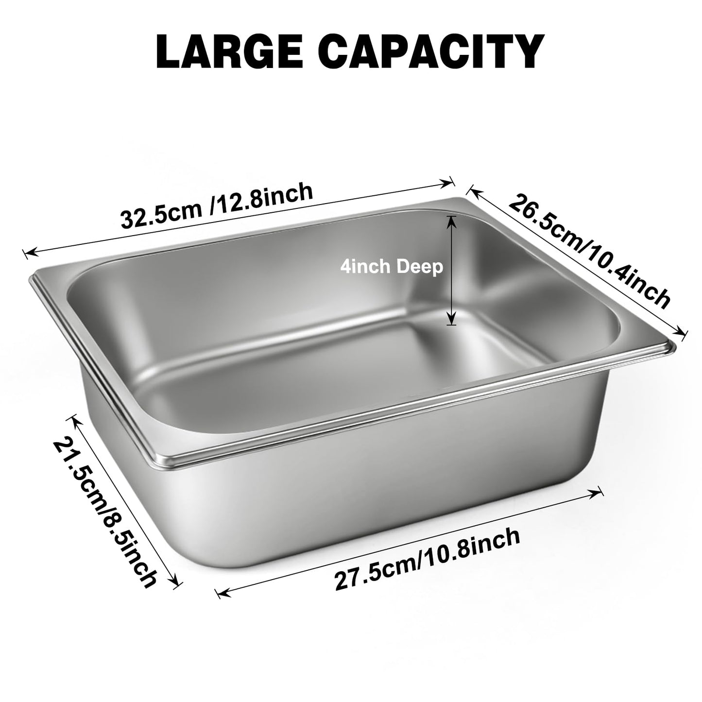 West Bay 4 Pack 1/2 Half Size Hotel Pan, 4'' Deep Steam Table Pan with Lid, 12.8''L x 10.4''W Stainless Steel Pans for Home, Party, Hotel, Buffet