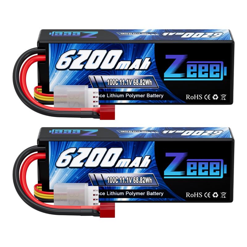 Zeee 3S Lipo Battery 6200mAh 11.1V 100C Hard Case RC Battery with T Connector for 1/8 1/10 Scale Vehicles RC Car Tank Trucks Boats(2 Pack)