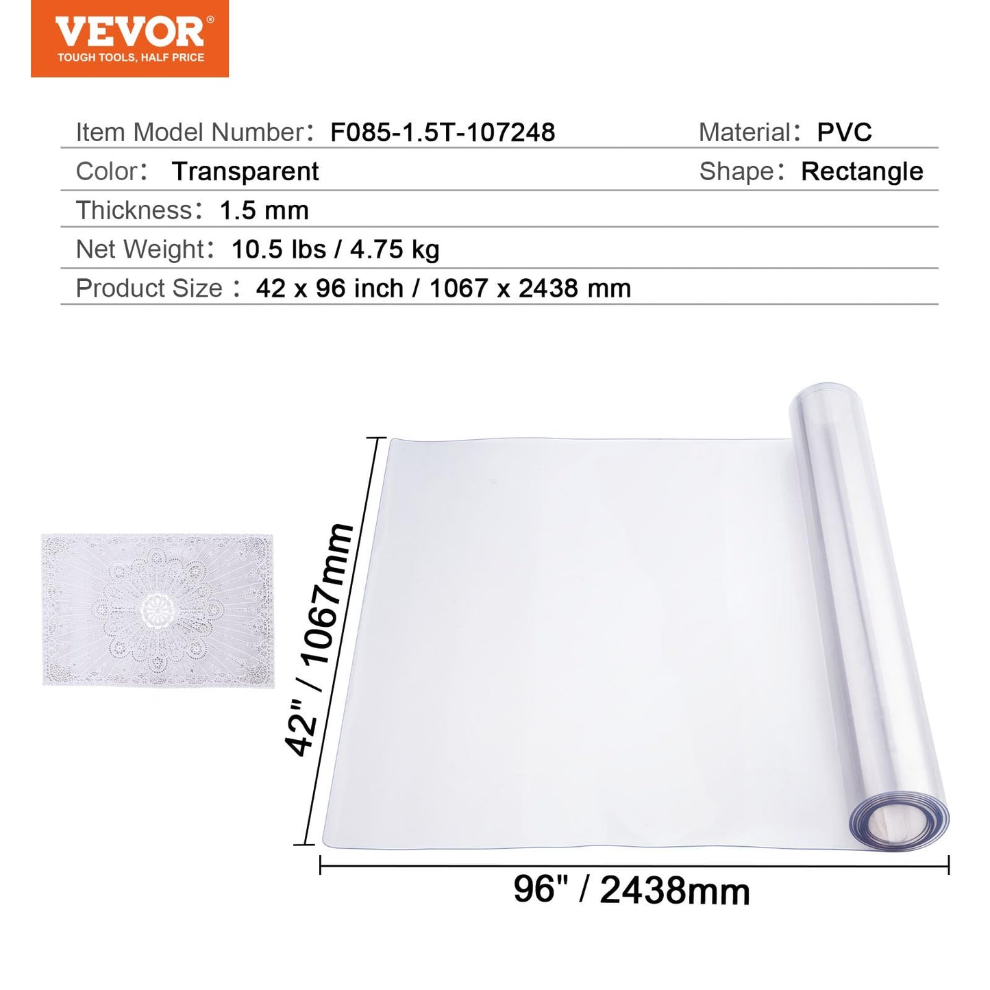 VEVOR Plastic Table Cover, 42 x 96 Inch 1.5 mm Thick Clear Rectangle PVC Desk Mat Protector, Waterproof & Easy Cleaning Desk Pad Tablecloth, for Office Dresser, Dining Room, Night Stand