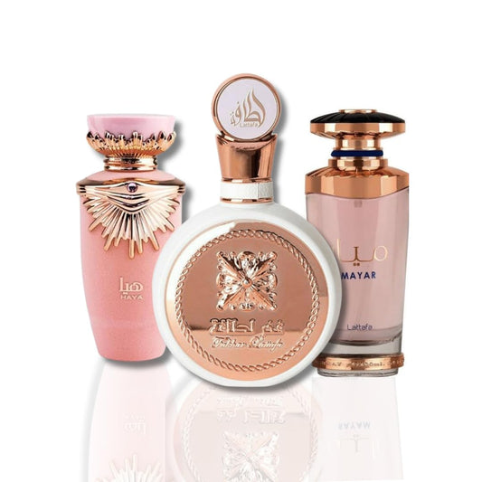 Lattafa 3-Piece Set for Women, (3.4 Haya Oz Eau De Parfum Spray + 3.4 Fakhar Oz Eau De Parfum Spray + 3.4 Mayar Oz Eau De Parfum Spray)