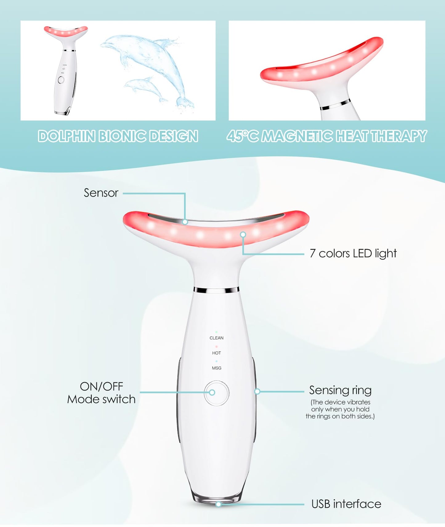 ELISHINE 7 Color Neck Face Massager - Facial Massager Tool for Skin Care at Home, Vibrating Face Massager with Thermals, Galvanic Machines White