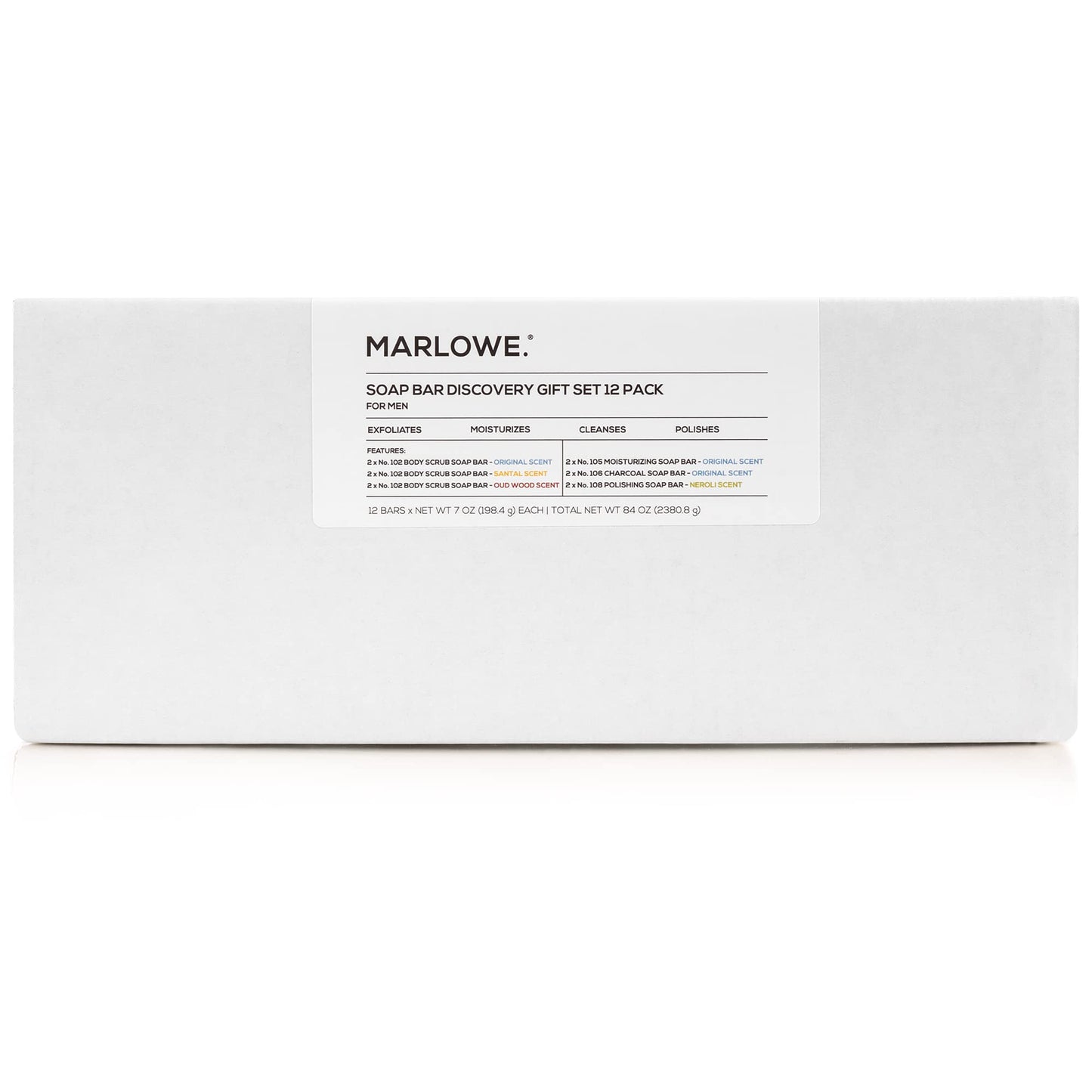 MARLOWE. Soap Bar Discovery Gift Set, Mens Skin Care Variety Selection of Exfoliating Body Scrub, Charcoal, Moisturizing & Polishing Body Bar Soaps for Men, 12 Pack