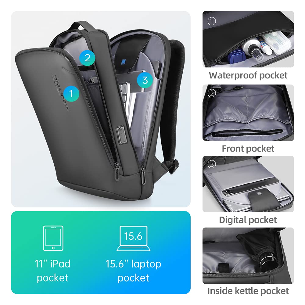 MARK RYDEN Slim Laptop Backpack for Men, High Tech Backpack with Scratch Resistant Shell and USB Charging Port, Waterproof Business Backpack Ideal for Working, Commuting, Daily (20L for 15.6" Laptop)