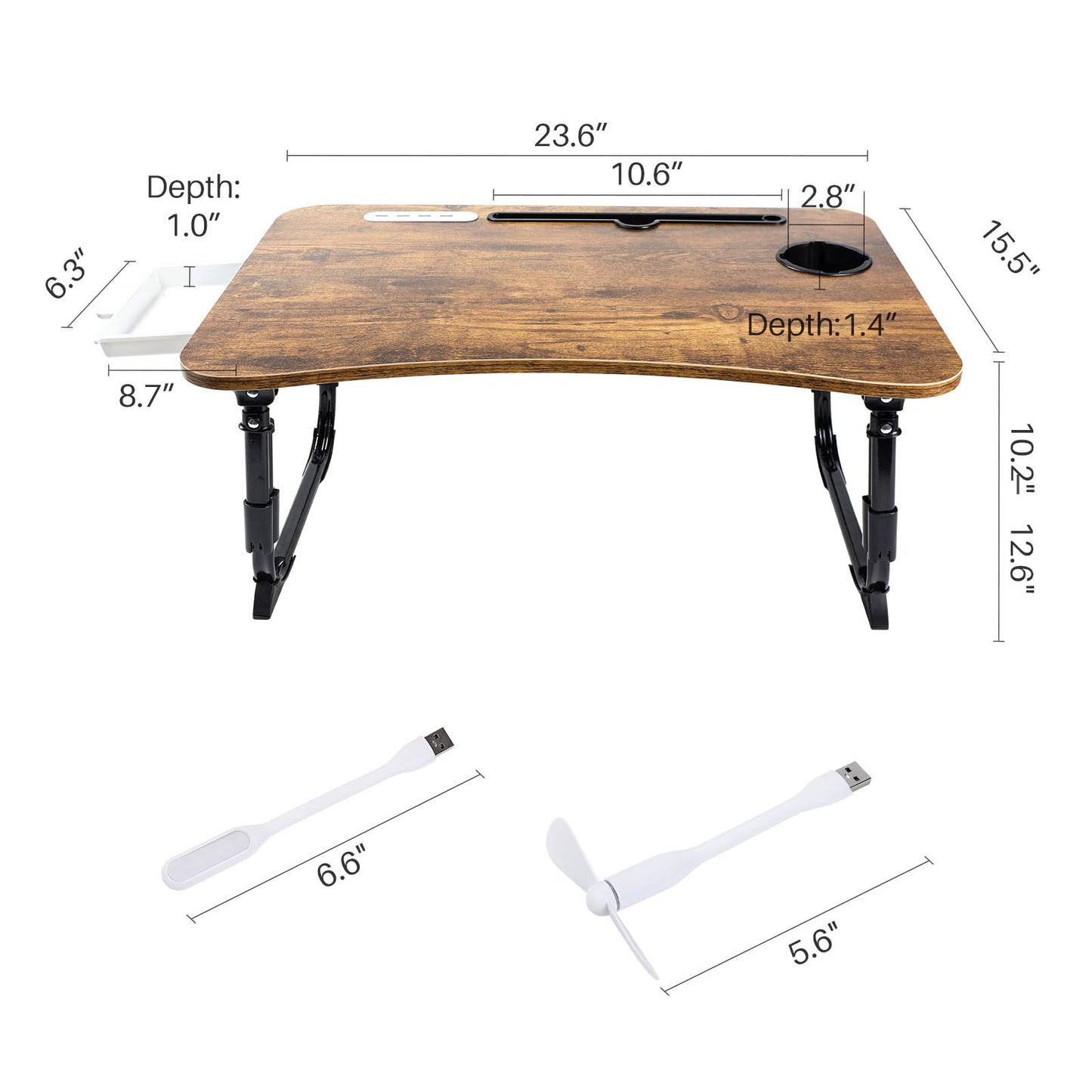 BYMECOST Laptop Desk for Bed, Height Adjustable Laptop Bed Table, Foldable Portable Lap Desk Stand with USB/Storage Drawer/Cup Holder/Slot, Breakfast Tray for Working Reading Writing Eating